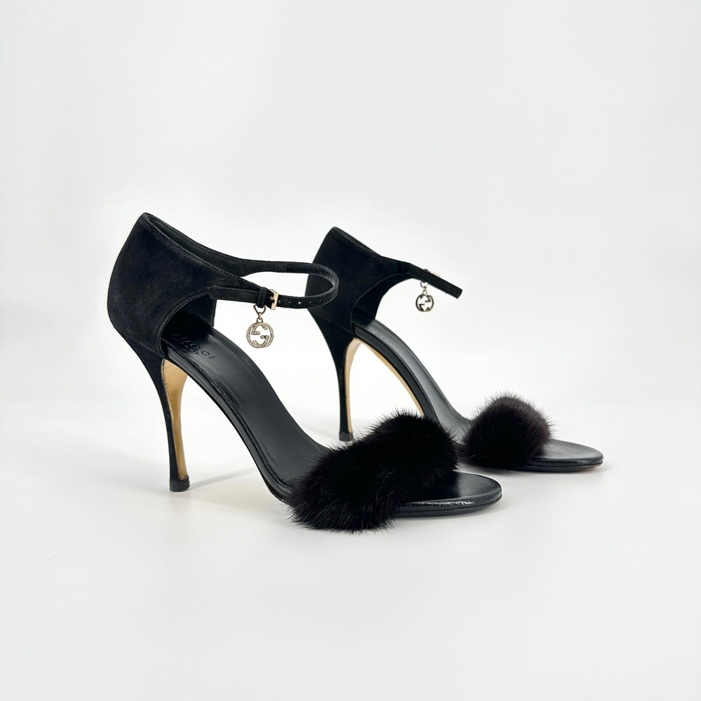 Gucci Tom Ford Black Suede Mink Interlocking G Charm Stiletto Heel Sandals 8 B